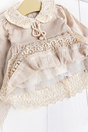 Dantel Detaylı Dokuma Kumaş Bej Kız Bebek Elbise Şık Özelgün Elbise