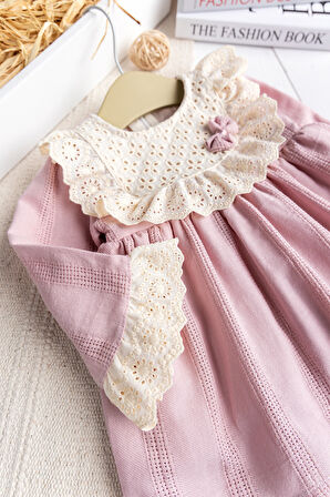 Fistolu Kare Yaka %100 Pamuk Pembe Kız Bebek Elbise Özel Gün Doğum Günü