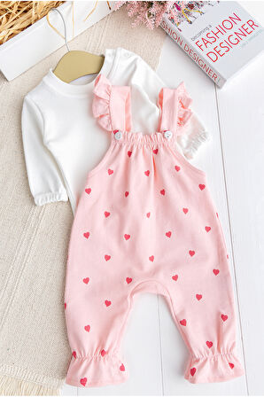 Minik Kalp Desenli Kız Bebek Salopet Tulum Takım Set