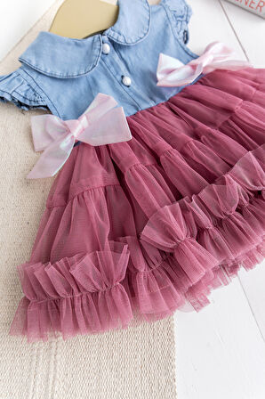 Fiyonklu Bebe YakaTüllü  Şık Dogum Günü Özel Gün Kız Bebek Elbise