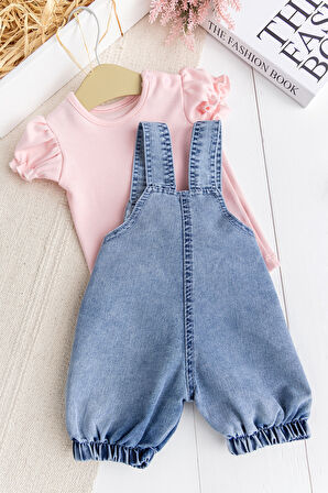 Oyuncak Kedili Kalp Desenli Denim Yazlık Kız Bebek Kot Salopet Tulum Takım 