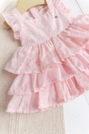 Üç Katlı %100 Pamuk Kız Bebek Elbise Şık Doğum Günü Özel Gün  Pembe