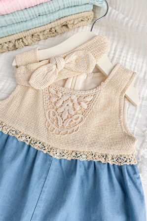 Robalı Bandanalı Kız Bebek Salopet Tulum Takım