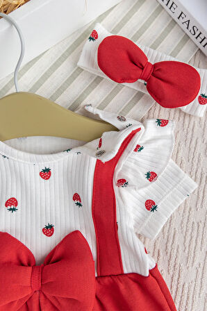 Pamuklu Kız Bebek Yazlık Tulum Takım Set Bandanalı Fiyonklu