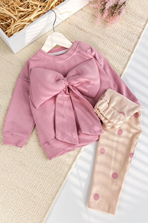 Fiyonklu 100% Pamuk 2'li Kız Bebek  Takım Pembe