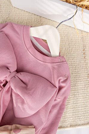 Fiyonklu 100% Pamuk 2'li Kız Bebek  Takım Pembe