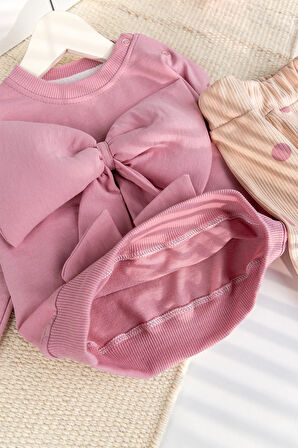 Fiyonklu 100% Pamuk 2'li Kız Bebek  Takım Pembe