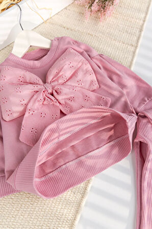 Fiyonklu 100% Pamuk 2'li Kız Bebek  Takım Pembe