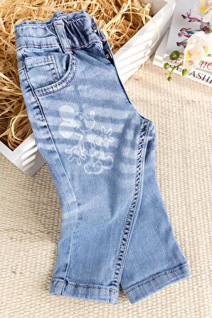 Fiğürlü Denim Pamuku  Şık Kot Kız Bebek Pantolon