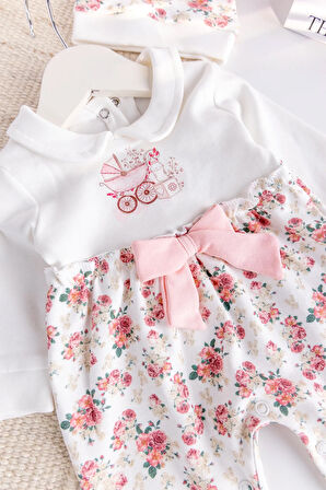 Çİçek Baskılı Bebe Yaka 100% Pamuk Kız Bebek Tulum