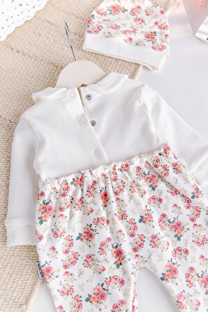 Çİçek Baskılı Bebe Yaka 100% Pamuk Kız Bebek Tulum