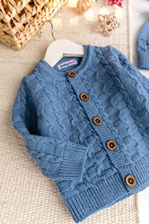 Triko Hırkalı 3'lü Ayarlanabilir Askılı  Örgü Erkek Bebek Salopet Tulum Takım Set