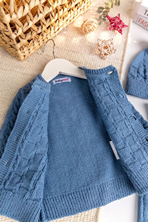 Triko Hırkalı 3'lü Ayarlanabilir Askılı  Örgü Erkek Bebek Salopet Tulum Takım Set