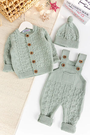 Triko Hırkalı 3'lü Ayarlanabilir Askılı  Örgü Erkek Bebek Salopet Tulum Takım Set