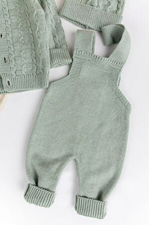 Triko Hırkalı 3'lü Ayarlanabilir Askılı  Örgü Erkek Bebek Salopet Tulum Takım Set