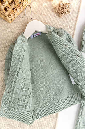 Triko Hırkalı 3'lü Ayarlanabilir Askılı  Örgü Erkek Bebek Salopet Tulum Takım Set