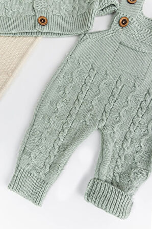 Triko Hırkalı 3'lü Ayarlanabilir Askılı  Örgü Erkek Bebek Salopet Tulum Takım Set