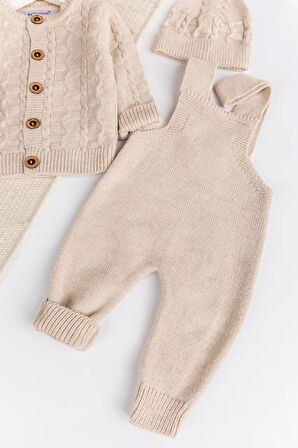 Triko Hırkalı 3'lü Ayarlanabilir Askılı  Örgü Erkek Bebek Salopet Tulum Takım Set