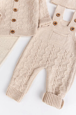 Triko Hırkalı 3'lü Ayarlanabilir Askılı  Örgü Erkek Bebek Salopet Tulum Takım Set