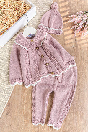 Triko Kışlık Hırkalı Kız Bebek Takım