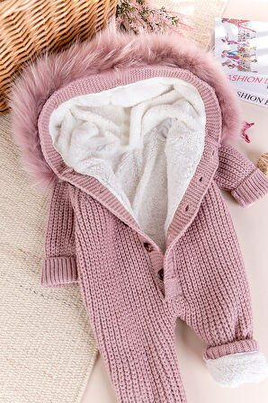 Triko Örgü Kışlık İçi Welsoft Astarlı Kapüşonlu Kız/Erkek Bebek Tulum