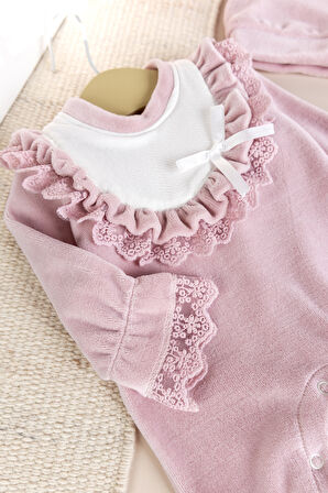 Güpürlü Pamuklu Kışlık Kadife Kız Bebek Tulum Set