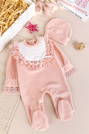 Güpürlü Pamuklu Kışlık Kadife Kız Bebek Tulum Set