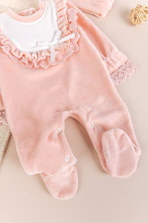 Güpürlü Pamuklu Kışlık Kadife Kız Bebek Tulum Set
