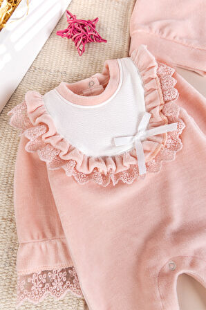 Güpürlü Pamuklu Kışlık Kadife Kız Bebek Tulum Set