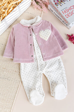 Hırkalı Bebe Yaka 3'lü Kadife Kışlık Kız Bebek Tulum Set