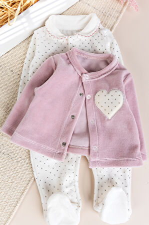 Hırkalı Bebe Yaka 3'lü Kadife Kışlık Kız Bebek Tulum Set