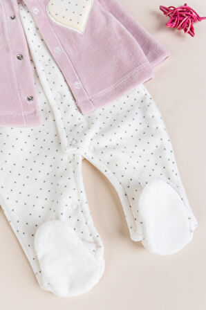 Hırkalı Bebe Yaka 3'lü Kadife Kışlık Kız Bebek Tulum Set
