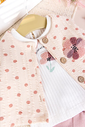 Puantiyeli 3'lü Çiçek İşlemeli Pamuklu Kız Bebek Takımı Set