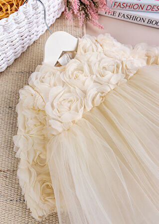 Fiyonklu Güllü Tül Detaylı Şık Dogum Günü Özel Gün Kız Bebek/Çocuk Elbise