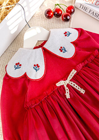 Bebe Yaka Tül  Etekli Şık Özel Gün Kadife Bebek Elbise