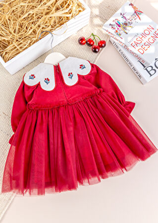 Bebe Yaka Tül  Etekli Şık Özel Gün Kadife Bebek Elbise