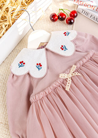 Bebe Yaka Tül  Etekli Şık Özel Gün Kadife Bebek Elbise