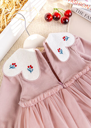 Bebe Yaka Tül  Etekli Şık Özel Gün Kadife Bebek Elbise