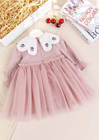 Bebe Yaka Tül  Etekli Şık Özel Gün Kadife Bebek Elbise