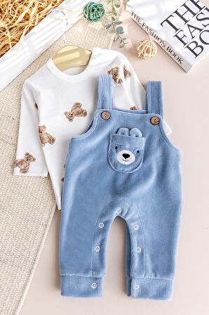 Fiğürlü Kışlık Kadife Erkek Bebek Salopet Tulum Set