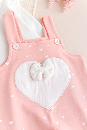 Kalp Desenli Fiyonklu Kız Bebek Tulum Salopet Takım