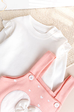 Kalp Desenli Fiyonklu Kız Bebek Tulum Salopet Takım