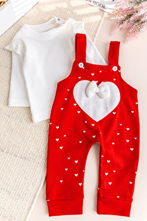 Kalp Desenli Fiyonklu Kız Bebek Tulum Salopet Takım