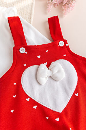 Kalp Desenli Fiyonklu Kız Bebek Tulum Salopet Takım