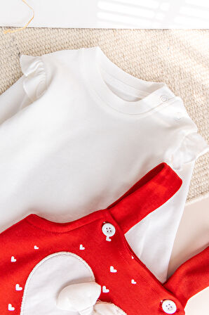 Kalp Desenli Fiyonklu Kız Bebek Tulum Salopet Takım