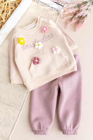 İki İplik Şardonlu Pamuklu 2'li Kız Bebek/Çocuk Takım Set