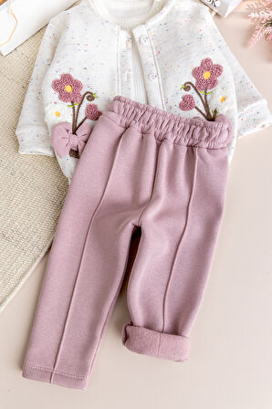 Kız Bebek Çocuk Hırkalı Üç İplik Şardonlu  Çiçek İşlemeli 100% Pamuk 3 lü Takım Set