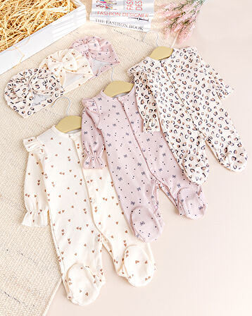 Üçlü 100% Pamuk Şapkalı Kız Bebek Tulum