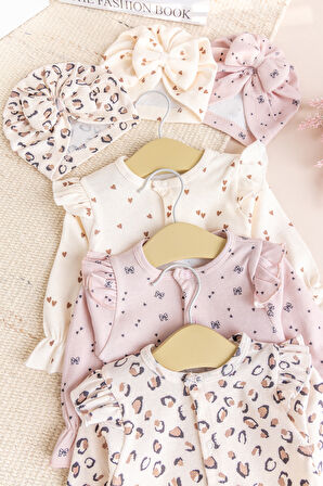 Üçlü 100% Pamuk Şapkalı Kız Bebek Tulum