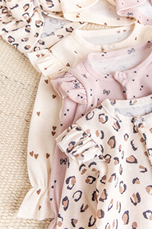 Üçlü 100% Pamuk Şapkalı Kız Bebek Tulum